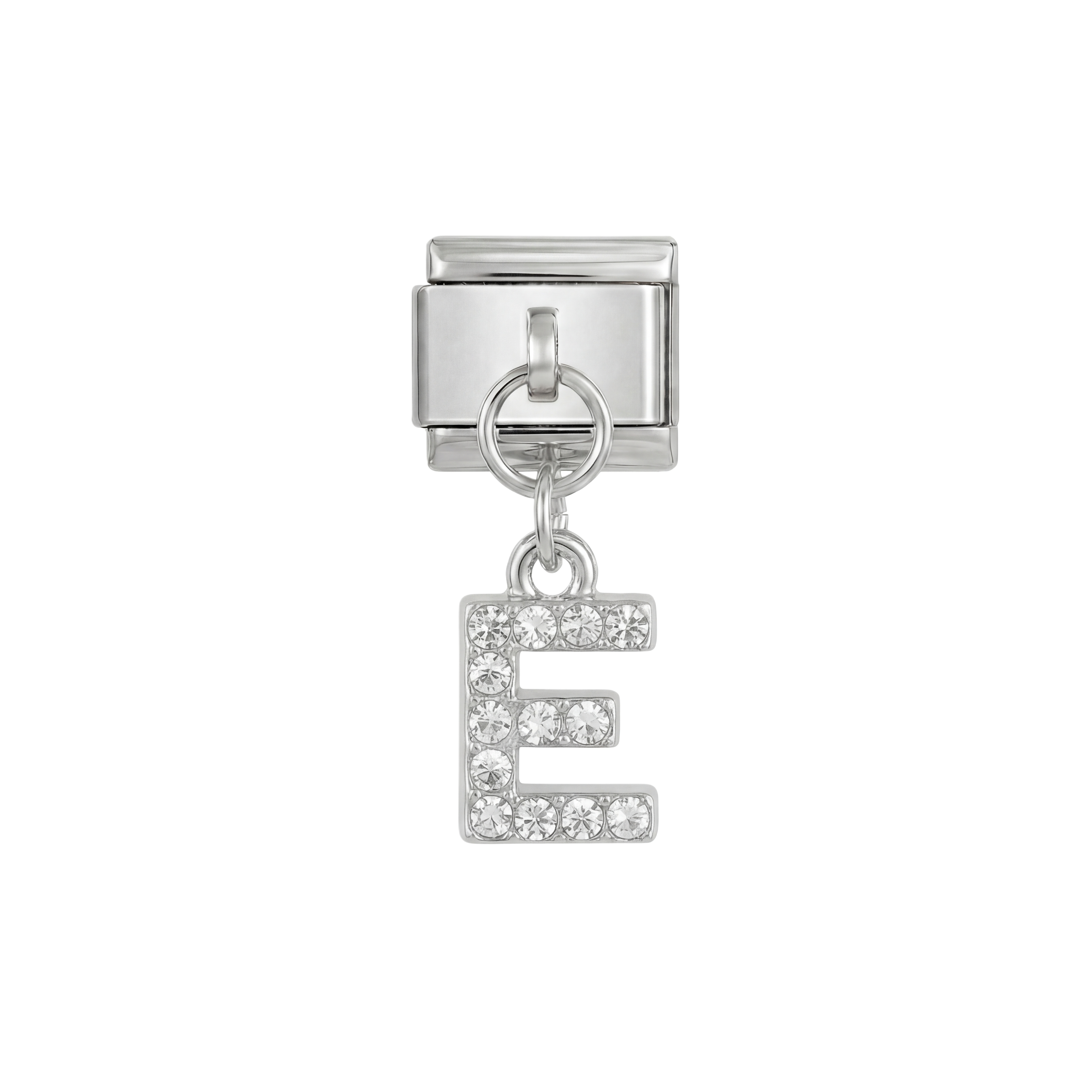 Lettre E, suspendue, sur argent