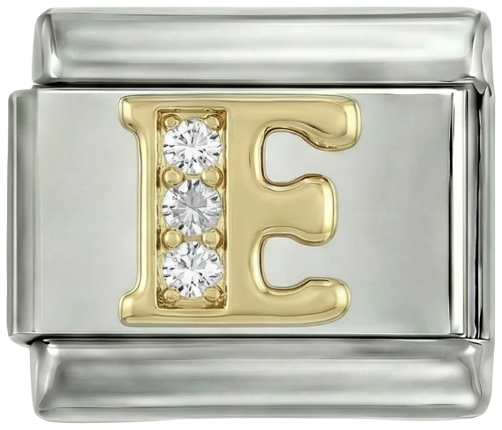 Letter E in Gold with Stones, on Silver - Letter-E-in-gold-with-stones-on-silver.png