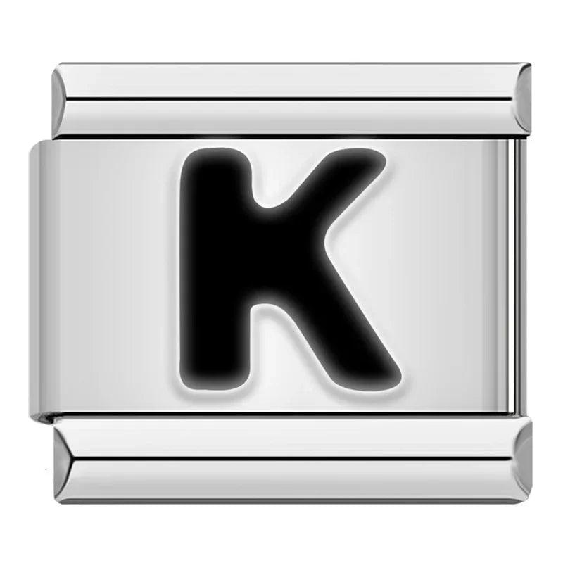 Letter K in Black, on Silver - Charms Official